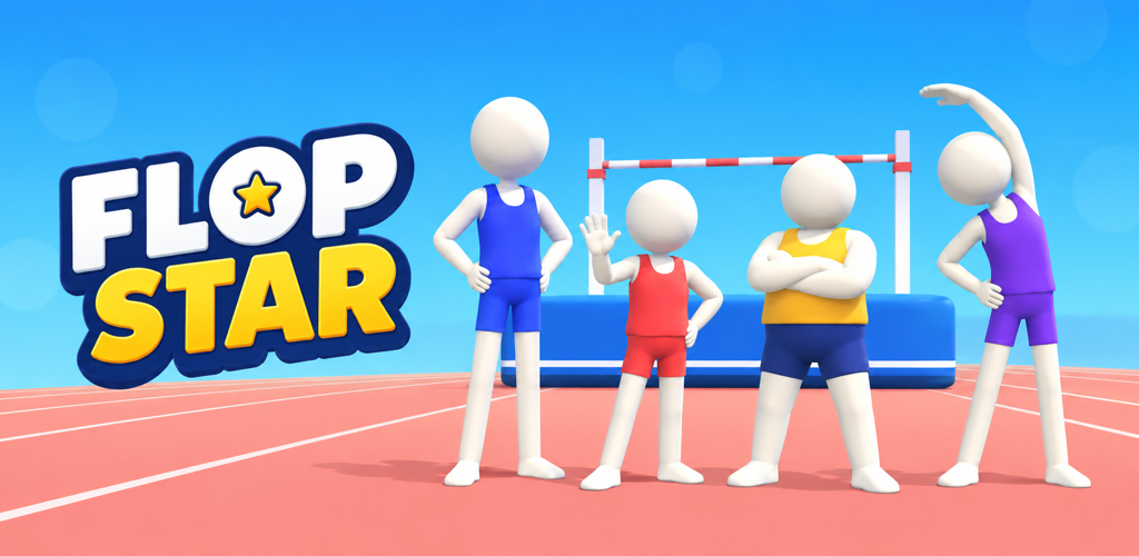 Flop Star logo beside four athletes in colorful outfits at a high-jump stadium