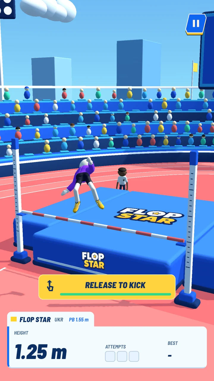 Flop Star gameplay: an athlete clearing the bar with timing controls