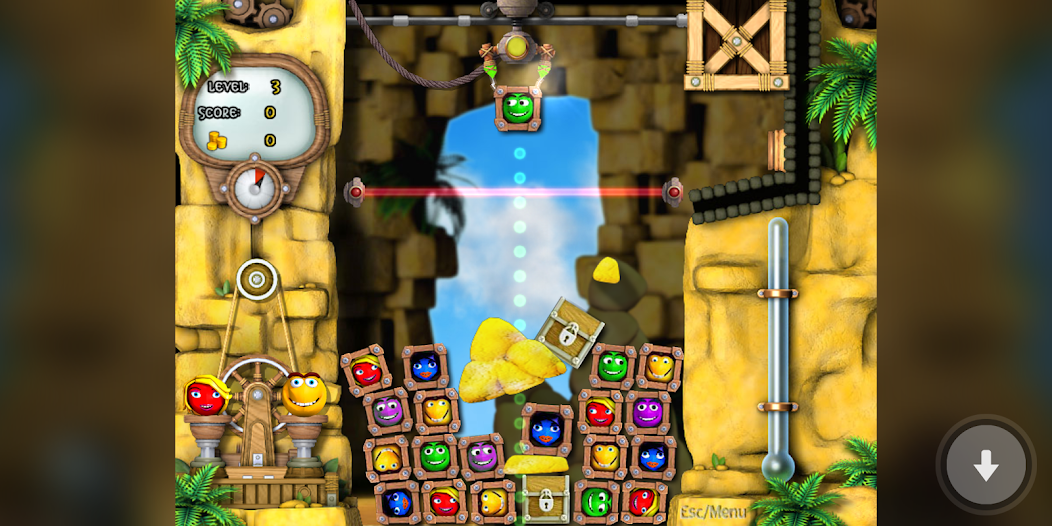 TriO Android puzzle level with colorful Orbics, crates, and a laser beam