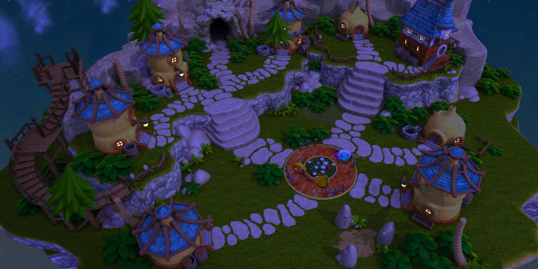 TriO Android island settlement with glowing houses at night